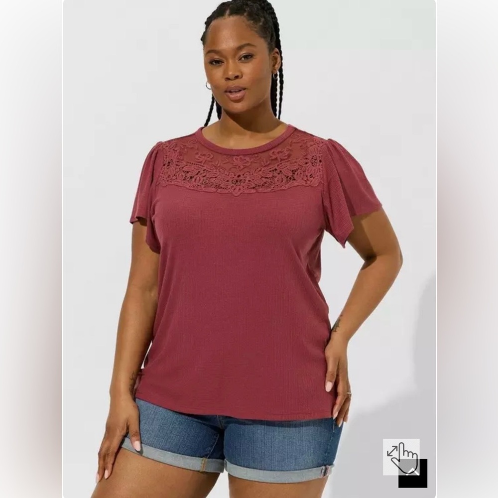 Torrid Textured Jersey Crew Neck Flutter Sleeve Crochet Top